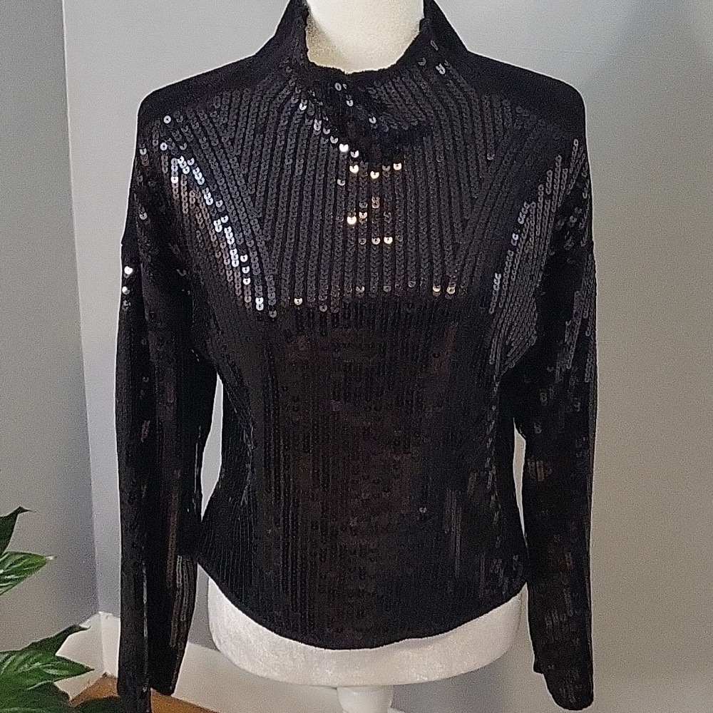Marled Black Sequin Front Soft Back Stretchy Pullover Sweater Size XS